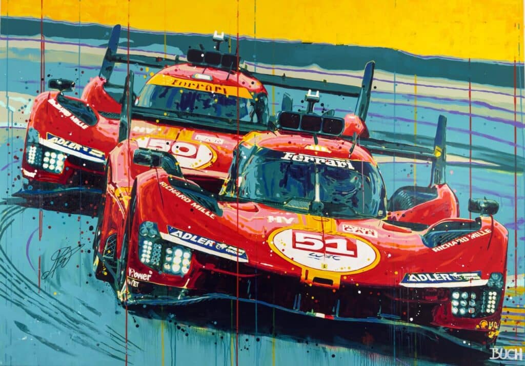 Ferrari 499p hypercar 51 and 50 Le Mans Ferrari original painting by automotive artist Allan Buch including the Autograph of Nicklas Nielsen