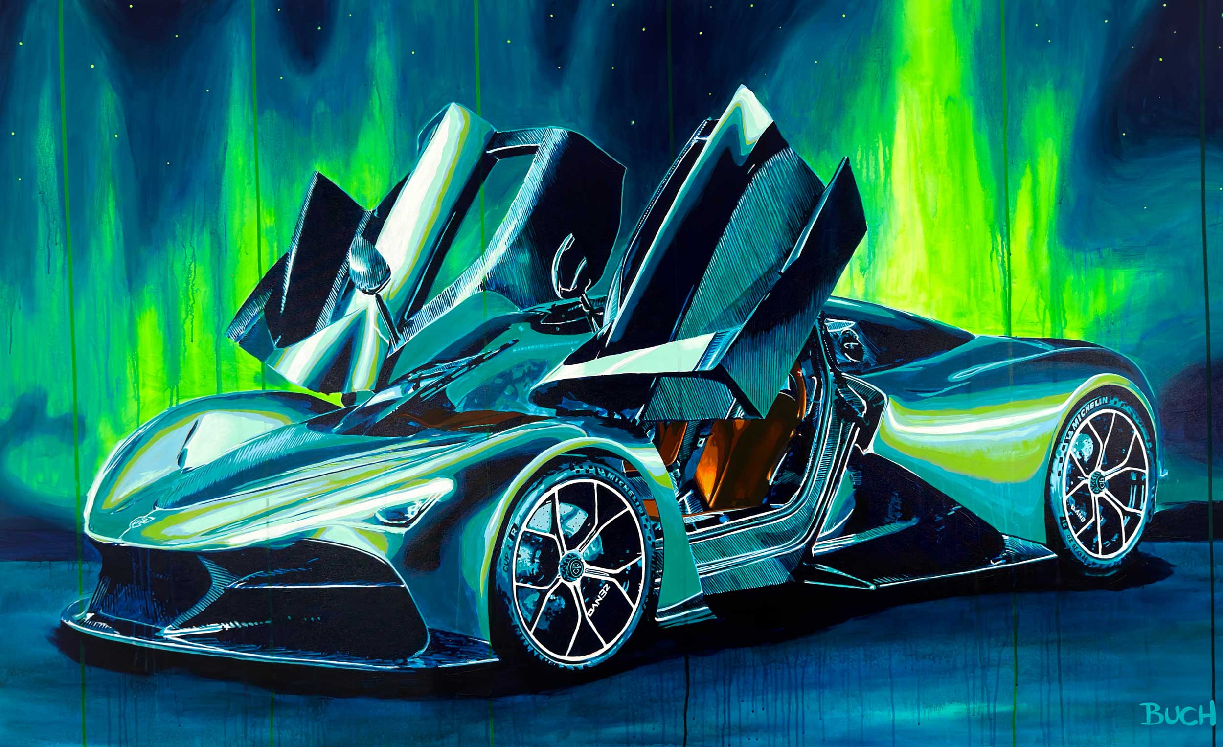 Largescale Zenvo Aurora Tur #001 120 x 200 cm painting by artist Allan Buch, The Emotion of the Aurora experience glows in the painting Modern Danish Design icons. Sculptural details. Legendary silhouettes.